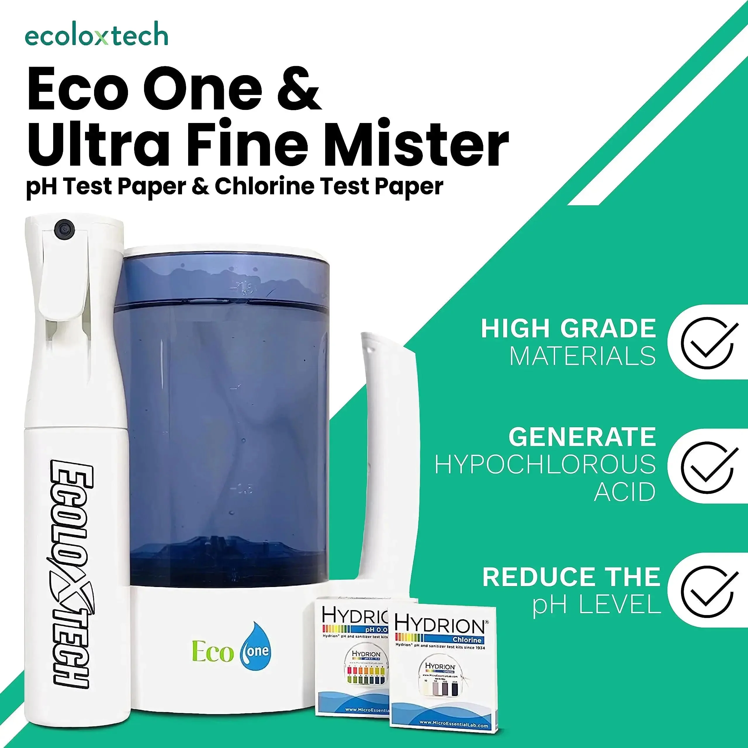 Eco One Electrolyzed Water System - Portable Hypochlorous Acid (HOCl) Generator With Ultra Fine Mister, pH Test Paper & Chlorine Test Paper - Image 5